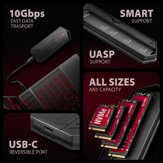 Зовнішня кишеня Axagon NVMe M.2 2230/2242/2260/2280 USB Type-C 3.2 Black (EEM2-GAM)