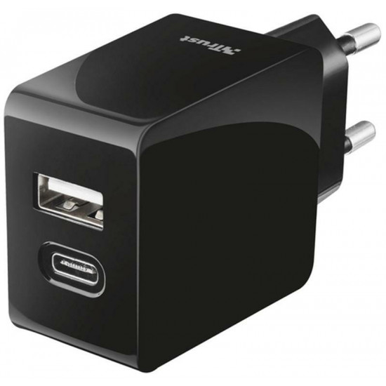 Мережевий зарядний пристрій Trust Urban Fast Dual USB-C&USB (17W, 2USB 3.0A) Black (21589)