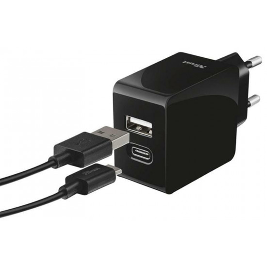 Мережевий зарядний пристрій Trust Urban Fast Dual USB-C&USB (17W, 2USB 3.0A) Black (21589)