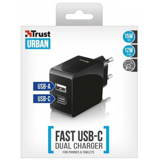 Мережевий зарядний пристрій Trust Urban Fast Dual USB-C&USB (17W, 2USB 3.0A) Black (21589)