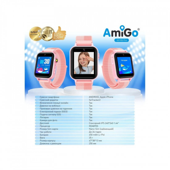 Дитячий смарт-годинник AmiGo GO10S Pro WIFI Pink