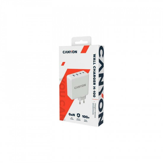Мережевий зарядний пристрій Canyon H-100 (4USB) GaN PD 100W QC3.0 White (CND-CHA100W01)