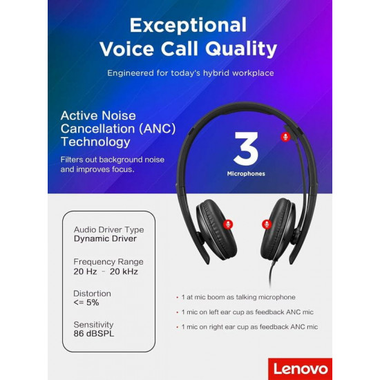 Гарнiтура Lenovo Wired ANC Headset Black (4XD1M45627)