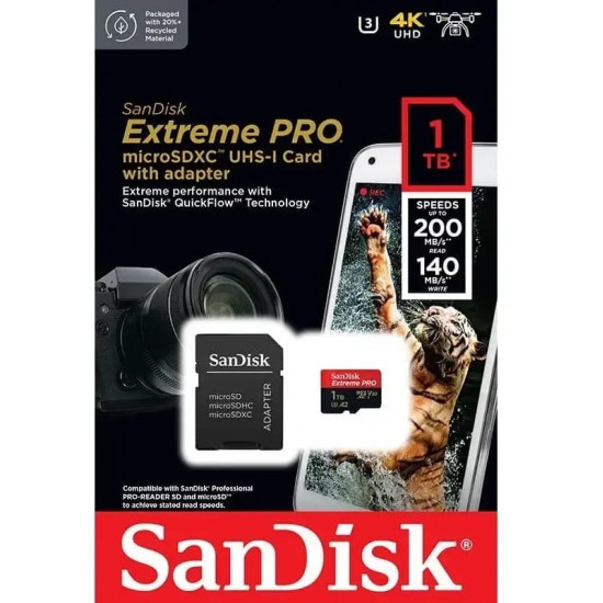 Карта пам`ятi MicroSDXC 1TB UHS-I R200/W140MB/s SanDisk Extreme Pro V30 U3 + SD Adapter (SDSQXCD-1T00-GN6MA)