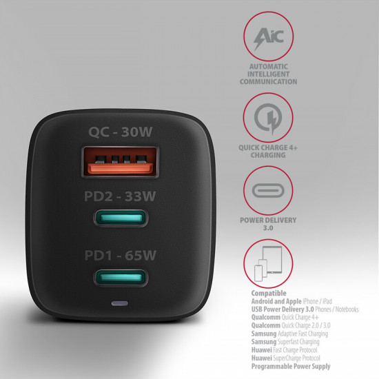Зарядний пристрій Axagon 65W Black (ACU-DPQ65)