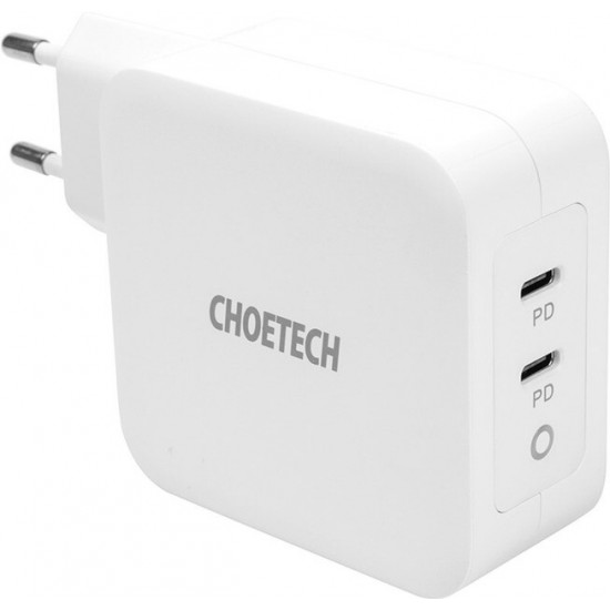 Мережевий зарядний пристрій Choetech GaN 2хUSB Type-C PD100W White (PD6008)