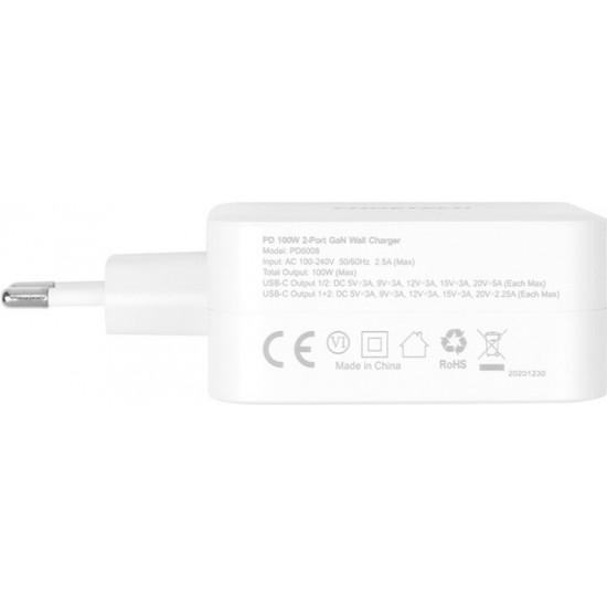 Мережевий зарядний пристрій Choetech GaN 2хUSB Type-C PD100W White (PD6008)