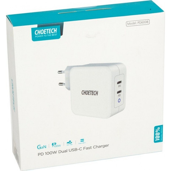 Мережевий зарядний пристрій Choetech GaN 2хUSB Type-C PD100W White (PD6008)