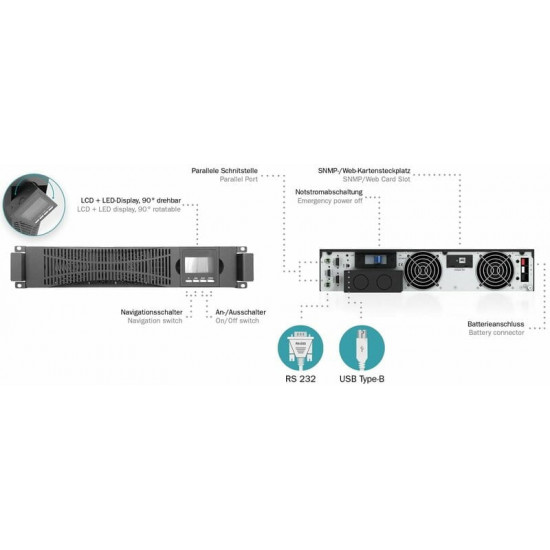 Джерело безперебійного живлення Digitus OnLine Power Module 1000VA LCD, Hardwire In/Out, RS232, USB, Rack/Tower (DN-170107)