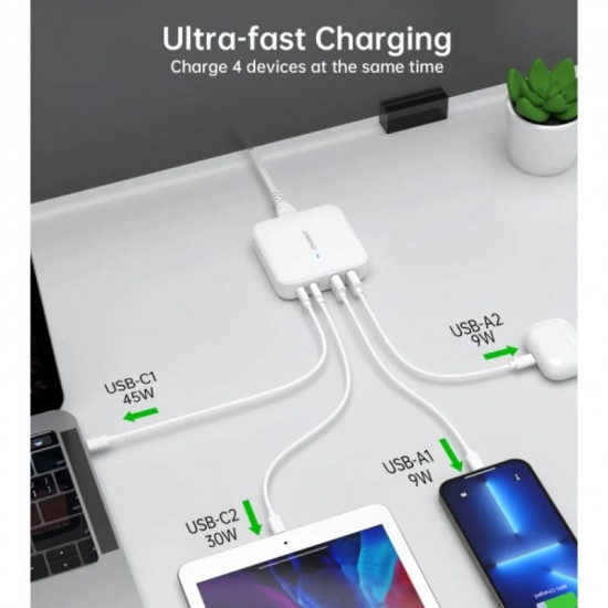 Мережевий зарядний пристрій Choetech GaN (2хUSB-C+2хUSB-A) 100W PD 3.0 QC 3.0 White (PD8008-EU-WH)