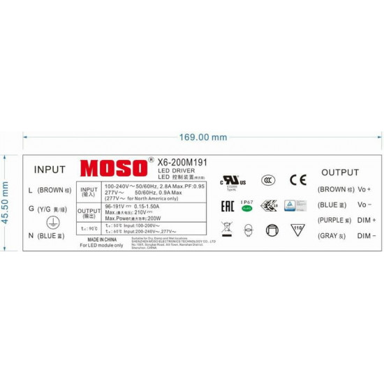 Блок живлення Moso X6-200M191, DC 200W, DIM 1-10V, Programable