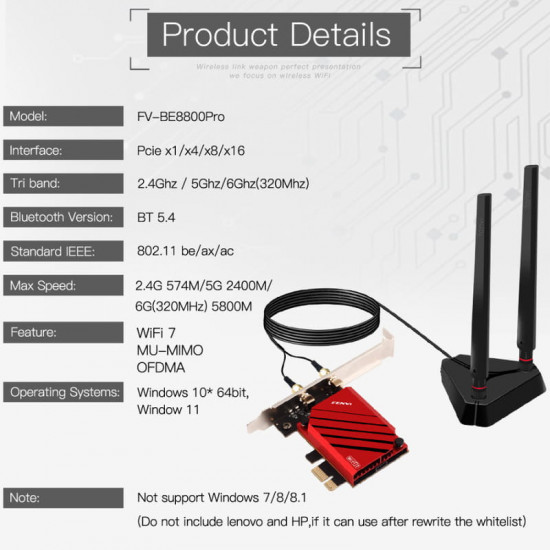 Бездротовий адаптер Fenvi FV-BE8800Pro Wi-Fi 7, Bluetooth 5.4 Gaming Tri Band 2.4G/5G/6GHz