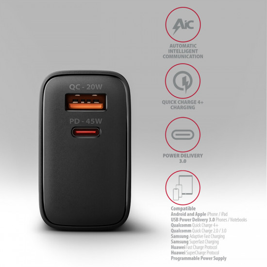 Зарядний пристрій Axagon 45W Black (ACU-PQ45)