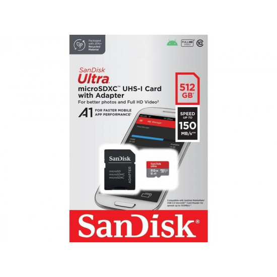 Карта пам`ятi MicroSDXC 512GB UHS-I Class 10 SanDisk Ultra A1 R150MB/s + SD-adapter (SDSQUAC-512G-GN6MA)