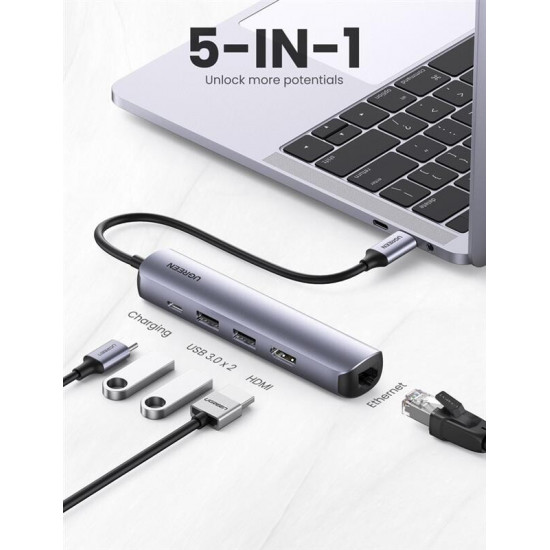Концентратор USB Type-C Ugreen CM418 2xUSB 3.0 + HDMI + RJ45 1000M Ethernet, Gray (10919)