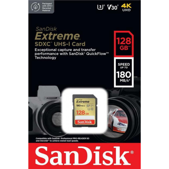 Карта пам`яті SDXC 128GB UHS-I/U3 Class 10 SanDisk Extreme V30 R180/W90MB/s 4K (SDSDXVA-128G-GNCIN)