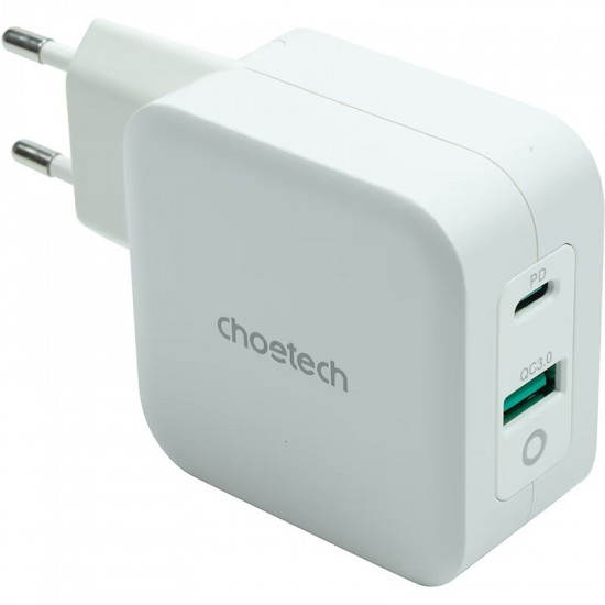 Мережевий зарядний пристрій Choetech USB Type-C, USB Type-A 65W PD 3.0 QC 3.0 White (PD8002)