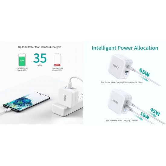 Мережевий зарядний пристрій Choetech USB Type-C, USB Type-A 65W PD 3.0 QC 3.0 White (PD8002)