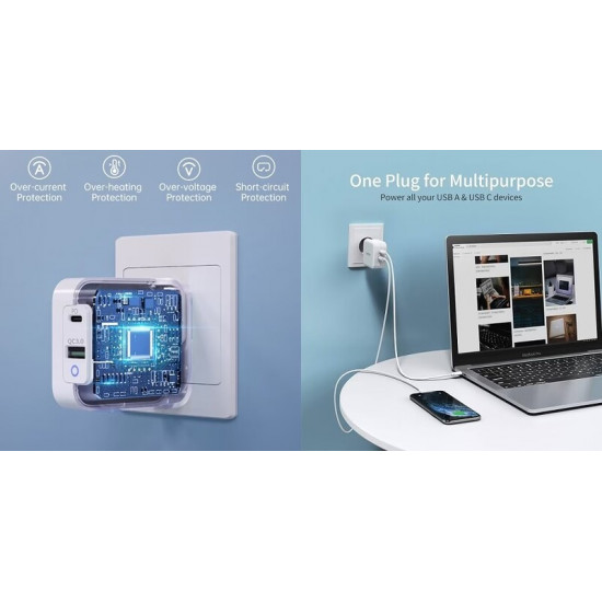 Мережевий зарядний пристрій Choetech USB Type-C, USB Type-A 65W PD 3.0 QC 3.0 White (PD8002)