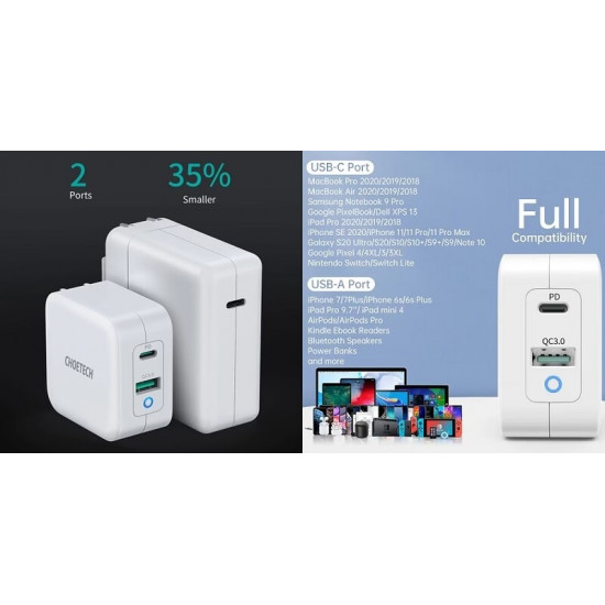 Мережевий зарядний пристрій Choetech USB Type-C, USB Type-A 65W PD 3.0 QC 3.0 White (PD8002)
