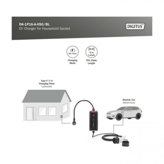 Мережевий зарядний пристрій Digitus EV Single Phase 3.7kW, 5 m, Schuko to Type 2 (DK-1P16-A-050-BL)