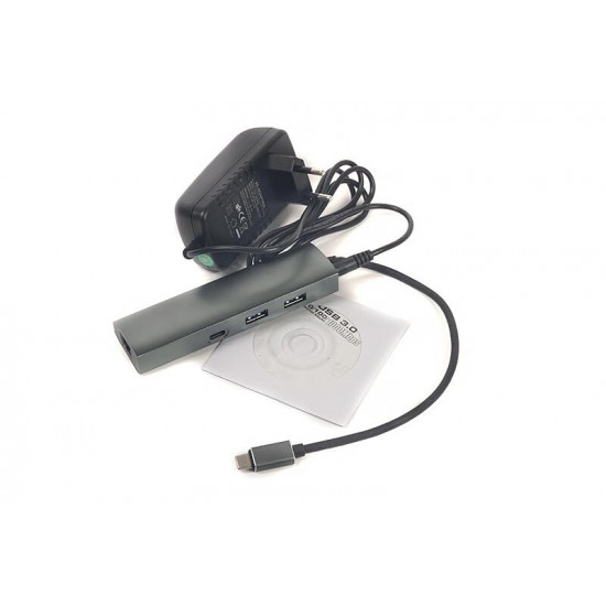 Концентратор USB3.0 PowerPlant CA910557 Grey 2хUSB3.0, 1хUSB-C+Gigabit LAN