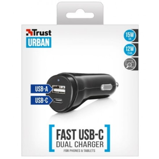 Автомобільний зарядний пристрій Trust Urban USB-C&USB (USB-Ax2.4A, USB-Cx3.0A) Black (21588)